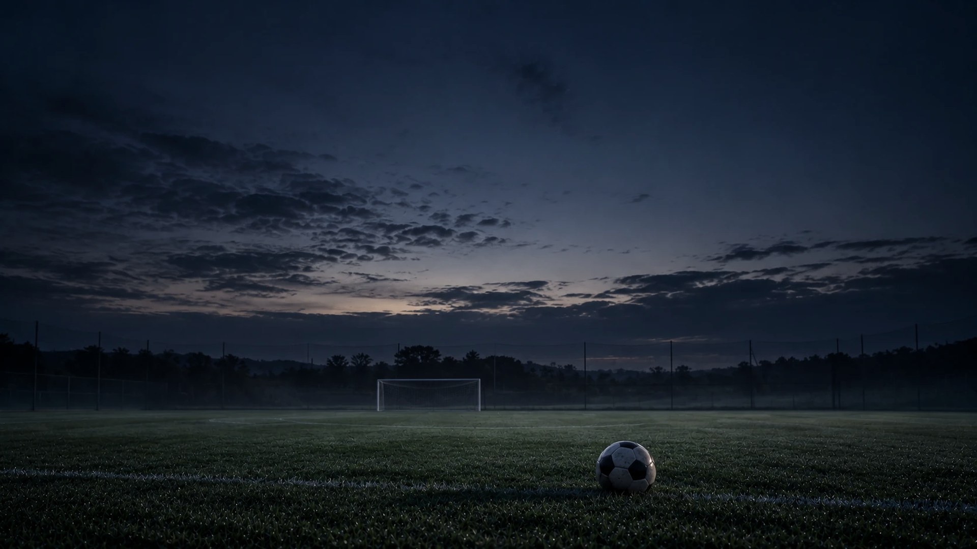 夜明け前の誰もいないサッカーグラウンドに置かれた1つのボール